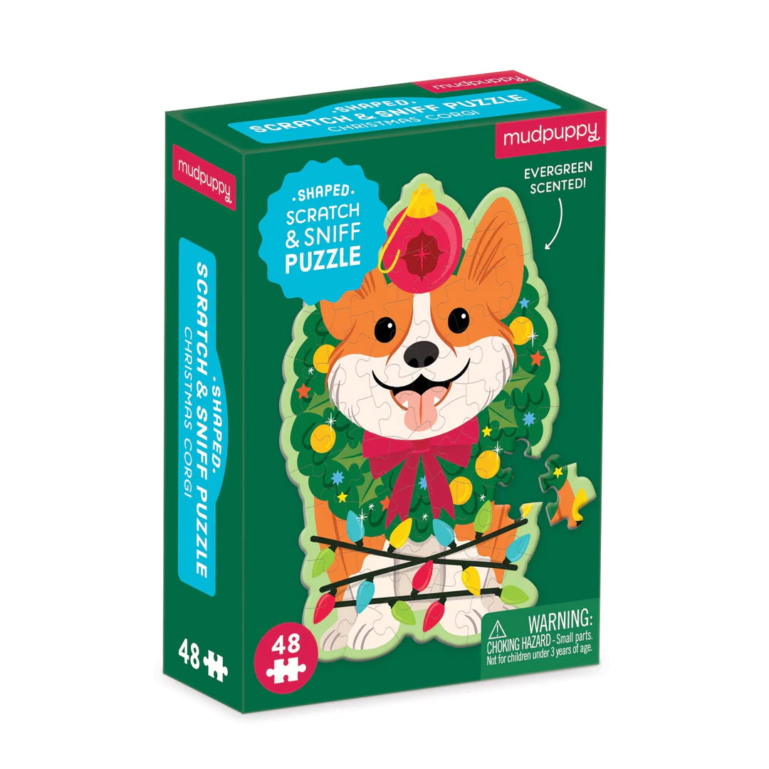 Mudpuppy 48-Piece Scratch and Sniff Shaped Mini Puzzle: Christmas Corgi