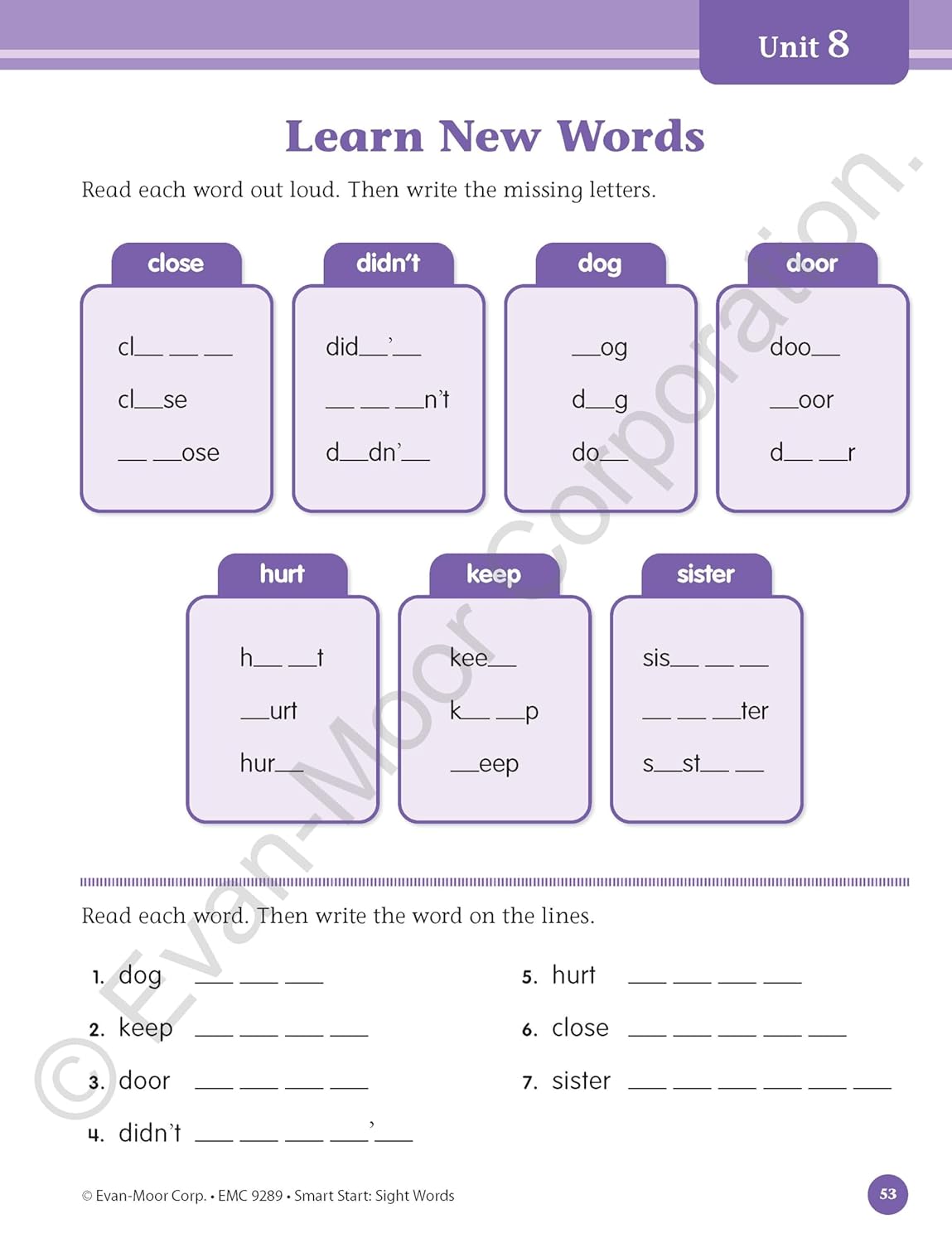 Evan Moor Smart Start Sight Words, Grade 1